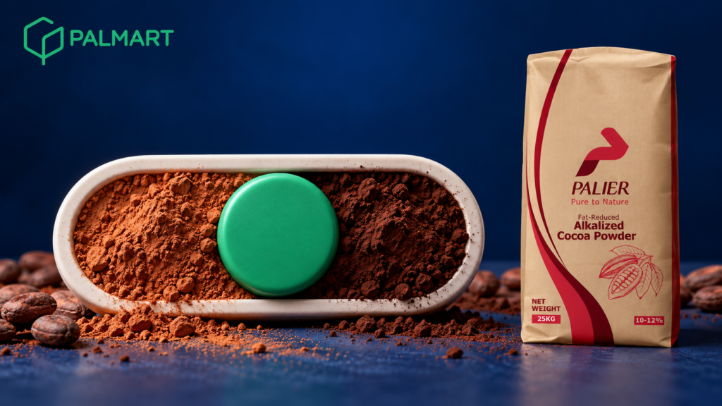 A cocoa-filled toggle sculpture beside the supplied Palier alkalized cocoa powder sack on a navy background