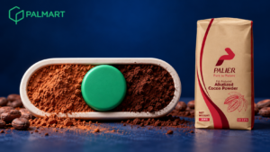 A cocoa-filled toggle sculpture beside the supplied Palier alkalized cocoa powder sack on a navy background