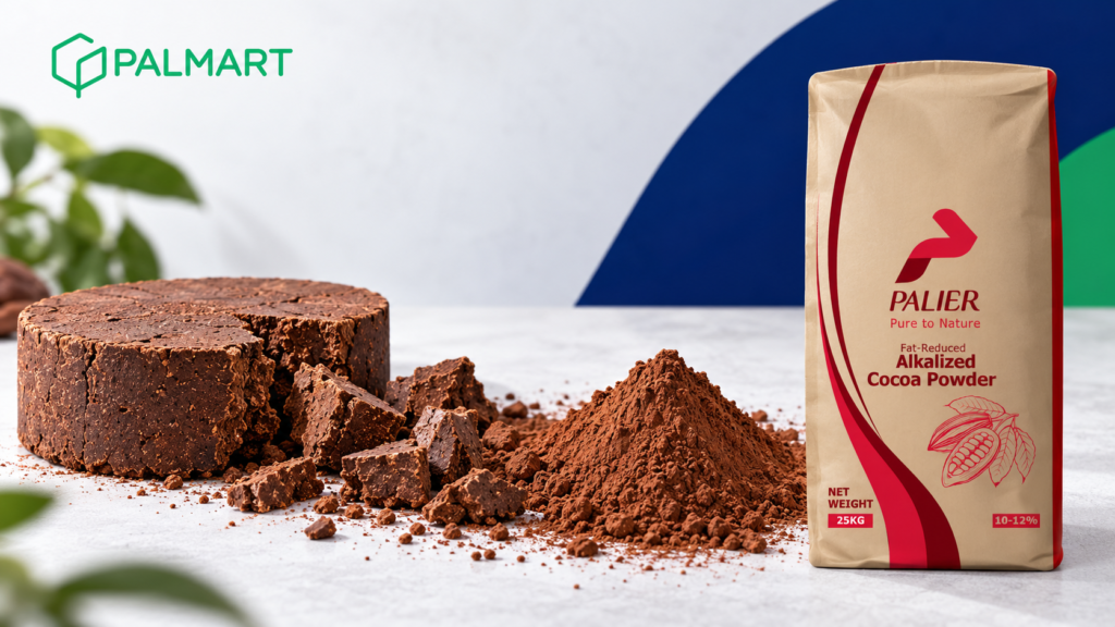 Illustrative cocoa press cake, broken cake fragments, cocoa powder and the supplied Palier kraft sack